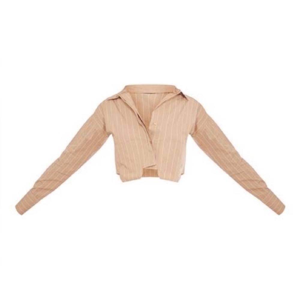 PrettyLittleThing Stone Poplin Pinstripe Pocket Cropped Shirt – UK 8/US 4 – NWT